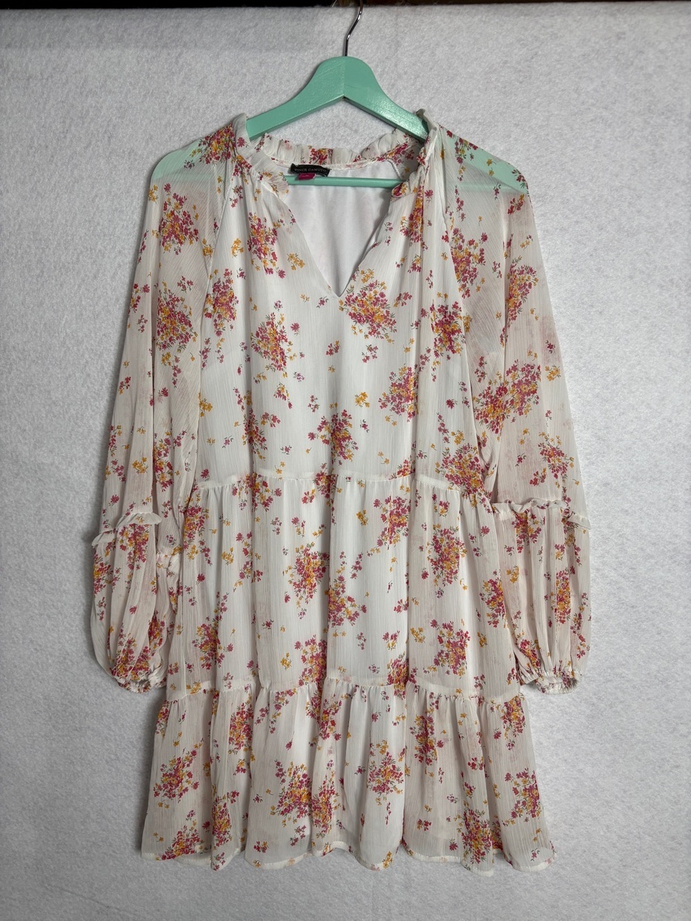 Vince Camuto White Long-Sleeve Floral Tiered Dress with Pink & Yellow Accents
